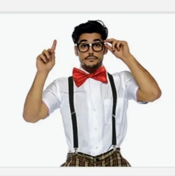 New Halloween Costume Nerd Dork Geek Glasses Black Suspenders Red Bow Tie - Picture 2 of 6
